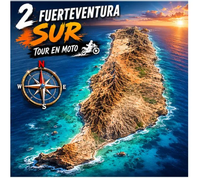 Scenic view of southern Fuerteventura during a motorcycle tour, showing desert landscapes and open coastal roads on the island.