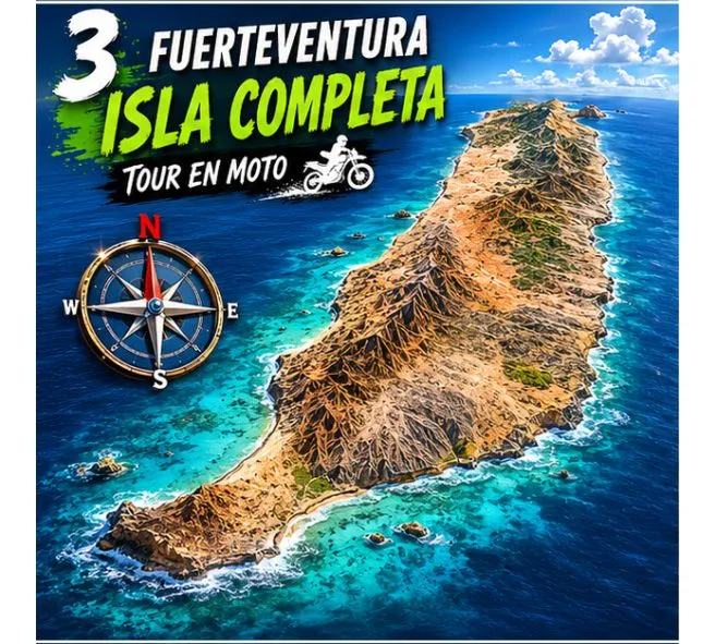 Panoramic view of Fuerteventura showing a full island motorcycle tour route across desert landscapes and scenic roads in the Canary Islands.