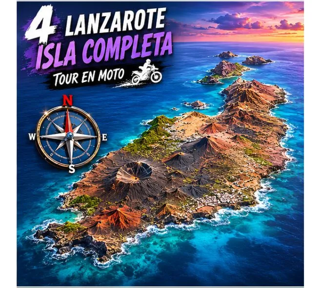 Inter-island motorcycle tour from Fuerteventura to Lanzarote showing the full journey across the Canary Islands including ferry crossing and island riding experience.