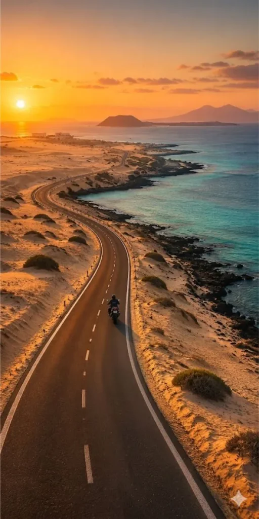 Sunrise motorcycle tour through Corralejo dunes with a Honda CB1300, with views of Lobos Island and Lanzarote in Fuerteventura.