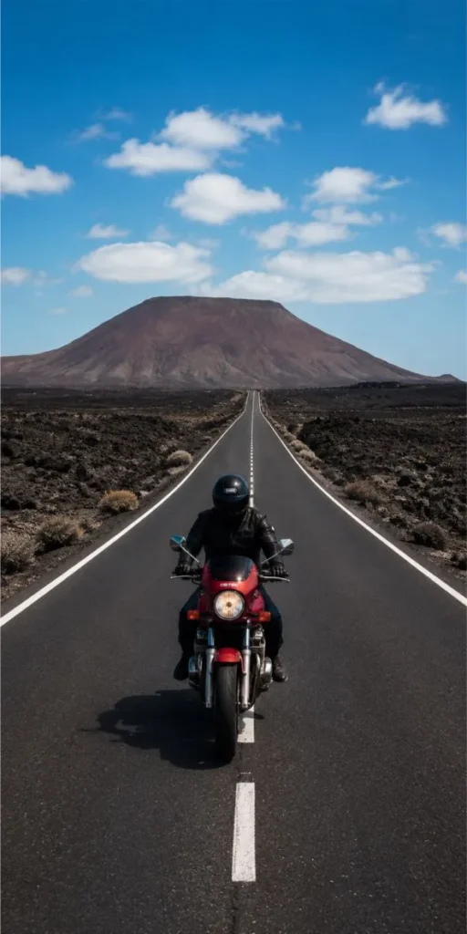 Motorcycle tour riding through volcanic landscapes in Fuerteventura with lava fields and a volcano in the background.