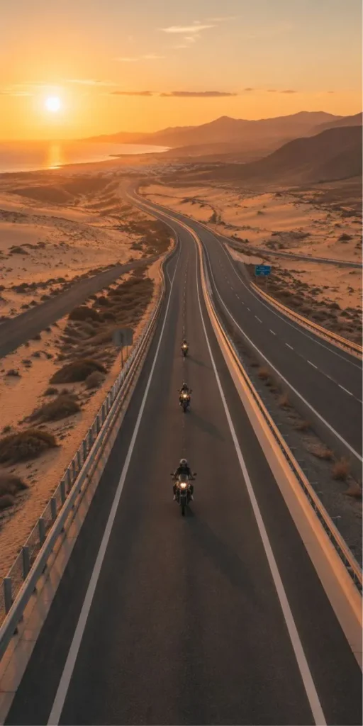 Motorcycle tour at sunset on a modern road in Jandía, Fuerteventura, with surrounding sand dunes and coastal landscape.