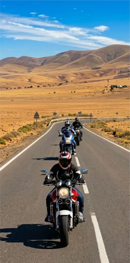 Group of motorcycles riding across the open plateau of Antigua in Fuerteventura on a sunny summer day during a guided tour.