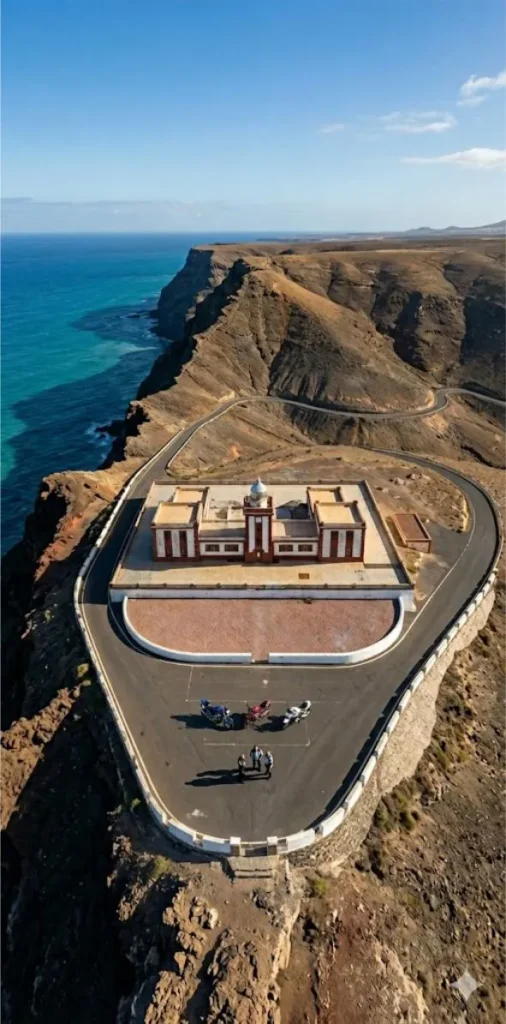 Motorcycle tour stop at Faro de la Entallada viewpoint in southern Fuerteventura with scenic coastal views during a Mototherapy experience.