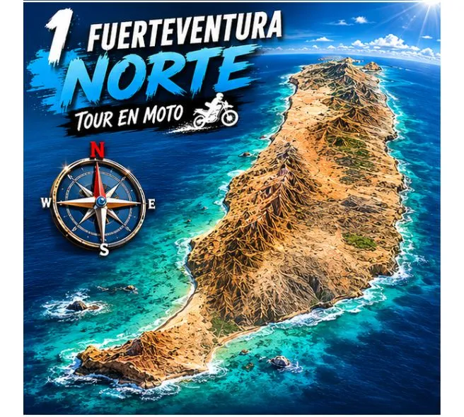 Scenic view of Fuerteventura during a motorcycle tour exploring the northern part of the island, showing the desert landscape and open roads.